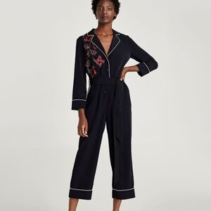 Zara Embroidered Black Boiler Cropped Jumpsuit M